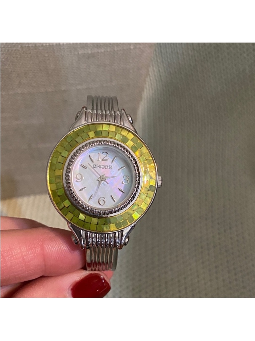 Chico's Silver-Tone Watch with Lime Green Mosaic Bezel